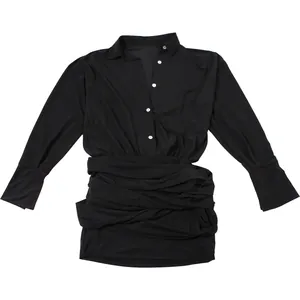 Elegante abito a camicia nero a maniche lunghe con colletto e dettaglio arricciato