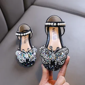 Elegant girls princess shoes with sparkling rhinestone butterfly and pearl straps for party