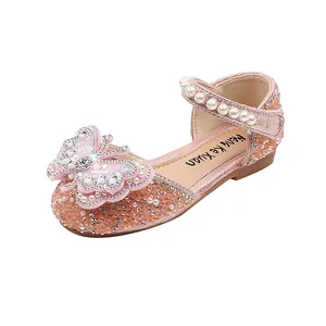 Elegant pink glitter princess shoes for girls with rhinestone butterfly and pearl straps