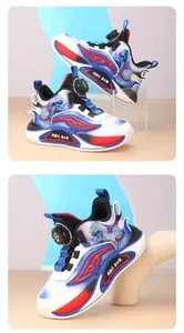 Detail view of boys athletic sneakers with convenient dial lacing and space theme prints.