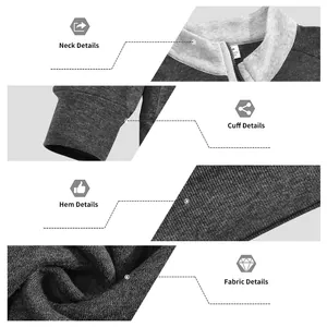 Detalles de cuello, puños acanalados, dobladillo y textura de felpa pesada de esta sudadera