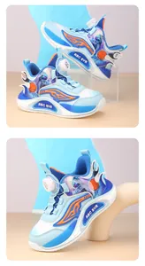 Side and back detail of boys' blue sneakers featuring a dial lace system and astronaut theme