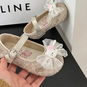 Zapatos de princesa con diamantes para bebé con lazo lindo y suela blanda antideslizante