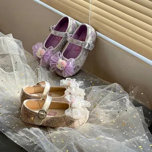 Zapatos de princesa brillantes para niñas pequeñas con lindos lazos de Hello Kitty y suela blanda