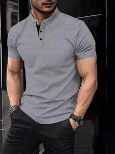 Camiseta Henley gris para hombre de manga corta, estilo casual deportivo ajustado