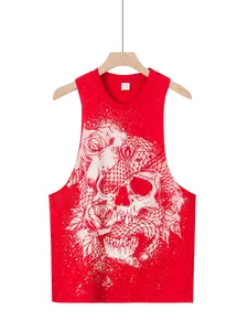 Red men's athletic tank top featuring a large white skull and snake graphic
