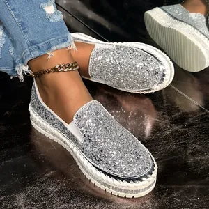 Women's Slip-On Platform Loafers Sequined Cloth Rhinestone Bling Sparkly Comfortable Casual Walking Flats Shoes