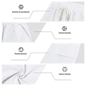 Details van witte linnen cargoshorts voor heren met tailleband, zakken en stoftextuur
