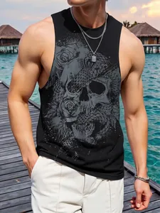 Macro detail of men's black sleeveless tank top with vintage skull and rose print