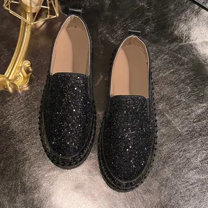 Elegant black glitter sequin loafers for women with thick soles and slip-on design