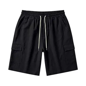 Zwarte linnen cargo shorts voor heren met elastische taille, trekkoord en zakken