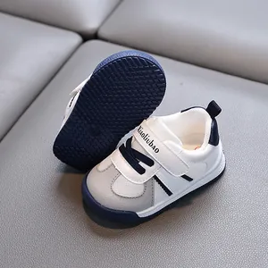 Toddler soft sole leather walking sneakers with breathable mesh and navy anti-slip bottom