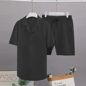 Ensemble chemise à manches courtes et short noir en tissu respirant coton lin