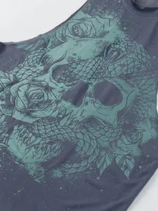 Detailed view of skull and rose print on breathable men's quick-dry sport tank top