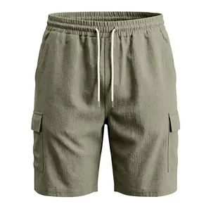 Vooraanzicht van olijfgroene linnen cargo shorts voor heren met trekkoord en zijzakken