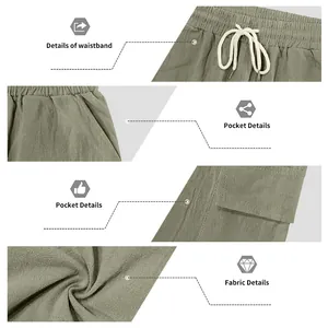 Gedetailleerd overzicht van heren cargo shorts van linnen met tailleband, zakken en stof.