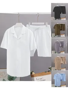 Hommes Été Décontracté Loungewear Haut Et Bas Mélange Lin Chemise à Manches Courtes et Short à Cordon Couleur Unie Confort