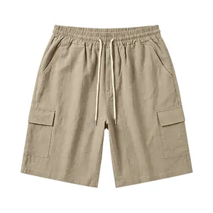 Kaki linnen cargo shorts voor heren met trekkoord en meerdere functionele zakken