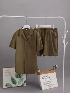 Ensemble pyjama homme en coton et lin avec chemise manches courtes et short olive