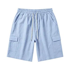 Lichtblauwe heren cargoshort met linnen textuur en elastische taille met trekkoord voor heren