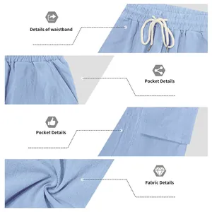 Detailopnames van blauwe linnen cargoshorts met tailleband zakken en stofdetails