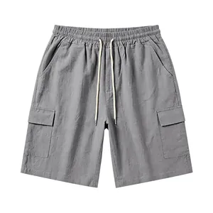 Heren grijze linnen cargo shorts met trekkoord in de taille en diverse zakken detail