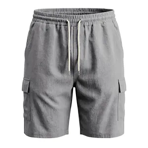 Detailweergave grijze linnen cargoshort met elastische taille en zakken