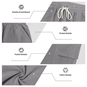 Detailopname van de grijze linnen cargoshorts met elastische taille en zakken