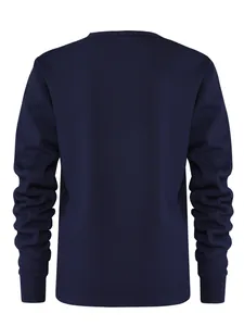 Rückansicht eines marineblauen, schmal geschnittenen Herren-Langarmshirts mit Rundhals