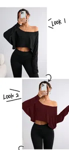Dual-color display of an off-the-shoulder long sleeve crop top in black and burgundy