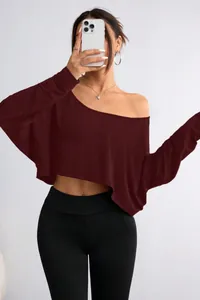 Stylish burgundy off-shoulder loose crop top with long sleeves for women fashion.