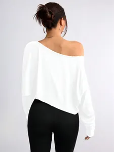 Detailed back view of a chic white off-the-shoulder loose long sleeve crop top for women.