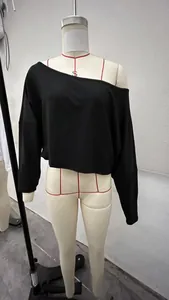 Close-up detail of a black off-shoulder loose crop top presented on a mannequin.