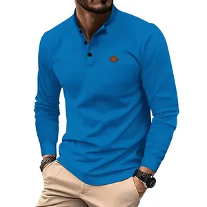 Close-up of men's blue waffle knit Henley shirt showing texture and button collar
