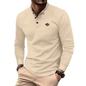 Detail view of the men's waffle knit Henley shirt showing textured fabric and buttons.