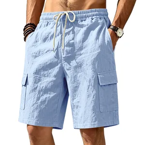 Lichtblauwe linnen cargo short voor heren met een trekkoord en een losse pasvorm