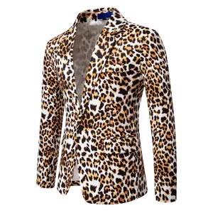 Detail view of stylish men's leopard print blazer with notch lapel and single button.