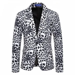Detail shot of a men's slim fit blazer featuring a bold black and white leopard print