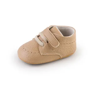 Detailed view of khaki baby walking shoes for infants aged 0-1 year with Velcro strap