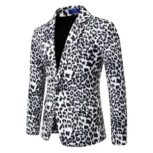 Detailed view of men's slim fit suit jacket with bold black and white leopard print
