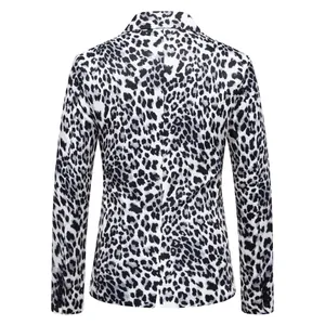 Back view detail of men's casual blazer with black and white leopard print design
