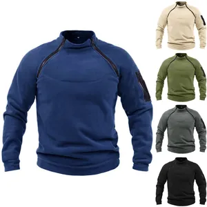 Tactical style mens slim fit coral fleece pullover sweatshirt with stand collar in various colors