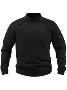 Tactical style men's black coral fleece sweatshirt with double shoulder zippers and arm pocket.