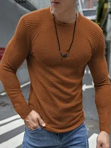 Herren Casual Langarm T-Shirt Slim Fit Rundhals Waffelstrick Einfarbig Polyester Pullover Top Für Herbst Frühling