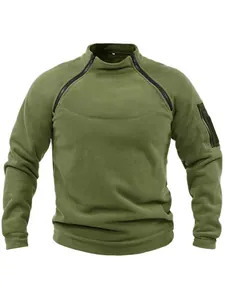 Front view of men's olive green fleece sweatshirt with decorative zippers and stand collar
