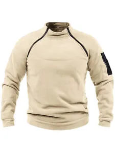 Detail view of men's slim fit stand collar coral fleece sweatshirt in beige tone