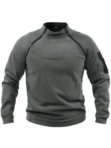 Men's grey slim fit coral fleece pullover with unique shoulder zippers and sleeve pocket
