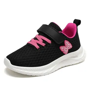 Scarpe da corsa per bambine in rete traspirante con farfalla rosa e velcro