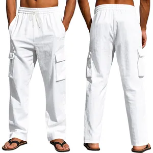 Vista anteriore e posteriore dei pantaloni cargo in lino bianco da uomo