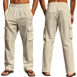 Vista frontale e posteriore dei pantaloni cargo in lino beige traspirante da uomo